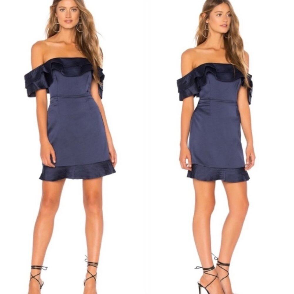 Bardot Athena Frill Off the Shoulder Navy Blue Satin Ruffle Mini Dress 10 Large